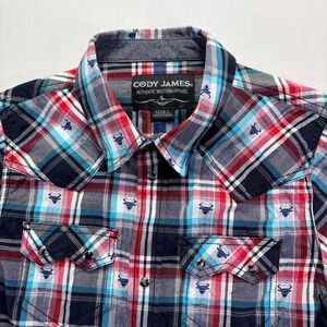 Cody James Kids Western Apparel Short Sleeve Plaid Bull Print Shirt‎ Size L